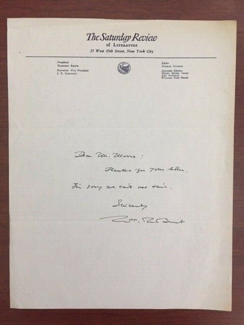 WILLIAM ROSE BENET HANDWRITTEN LTR SIGNED PULITZER PRIZE POETRY SATURDAY REVIEW