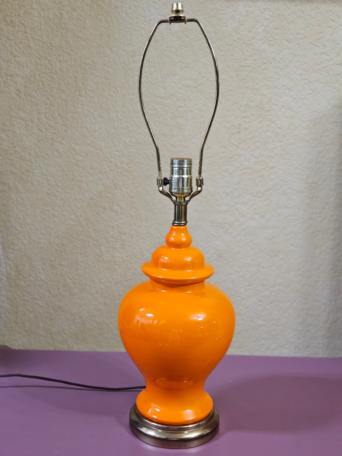 MCM Glazed Ceramic Orange Ginger Jar Table Lamp Brass Like Base Up To 24 1/2\