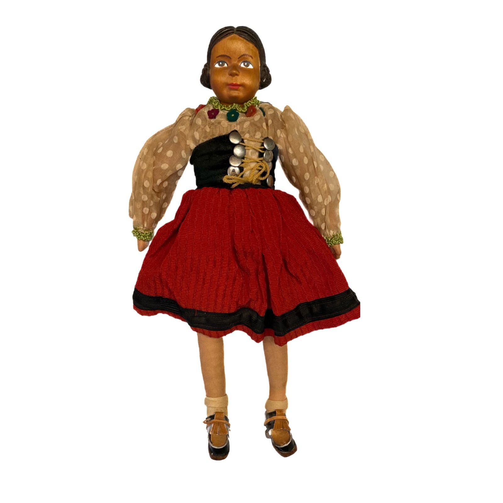 Vintage Swiss Brienz Huggler Carved Wooden Girl Doll Head Cloth Body 11” Costume