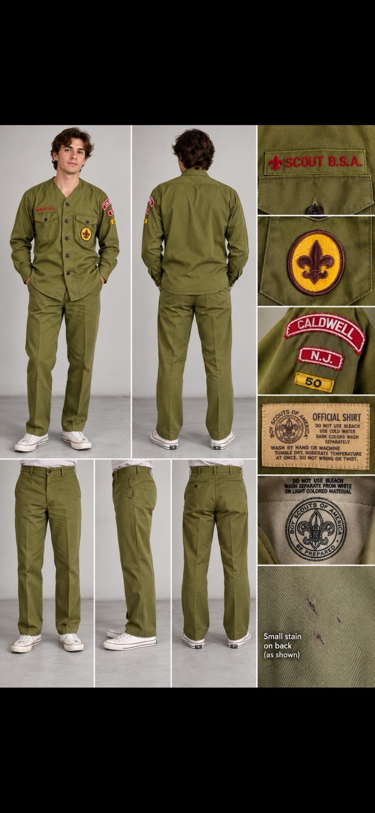 Vintage Boy Scouts BSA Uniform Shirt Pants Set Caldwell NJ Olive Green Patches