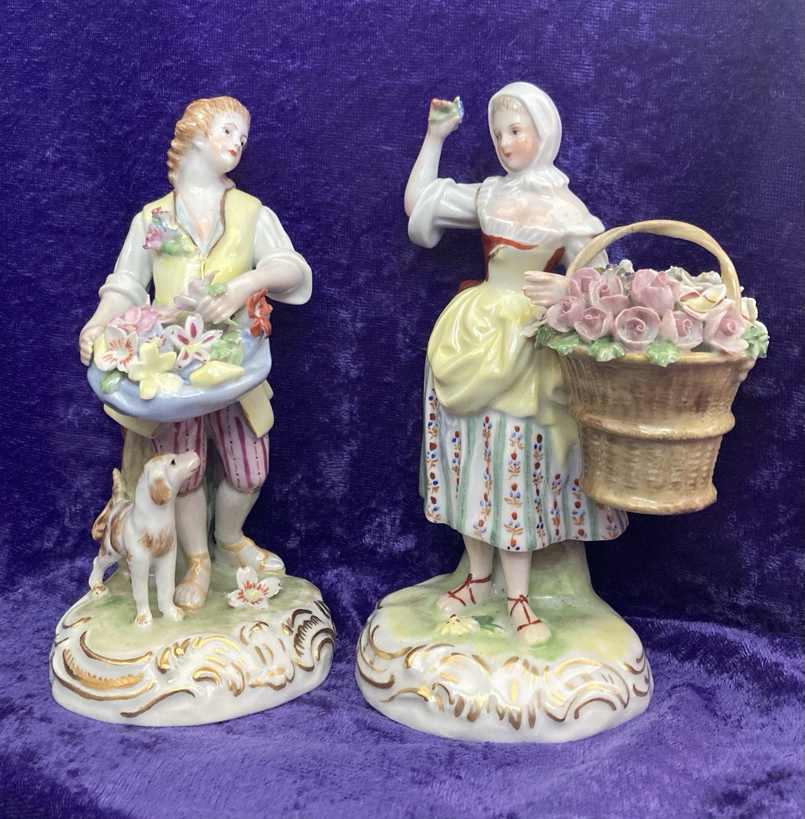 2 Karl Thieme Porcelain Pastoral Style Figurines Gardener’s Child, Flower Seller