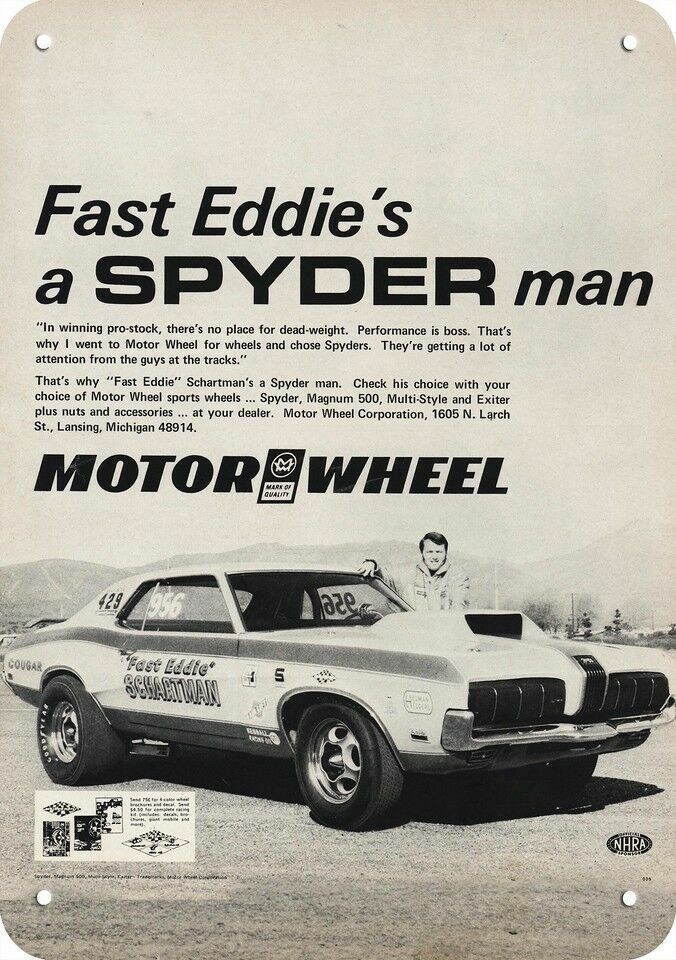 1970 MOTOR WHEEL SPYDER WHEEL FAST EDDIE SCHARTMAN DECORATIVE REPLICA METAL SIGN 1970 MOTOR WHEEL SPYDER WHEEL FAST EDDIE SCHARTMAN DECORATIVE REPLICA METAL SIGN