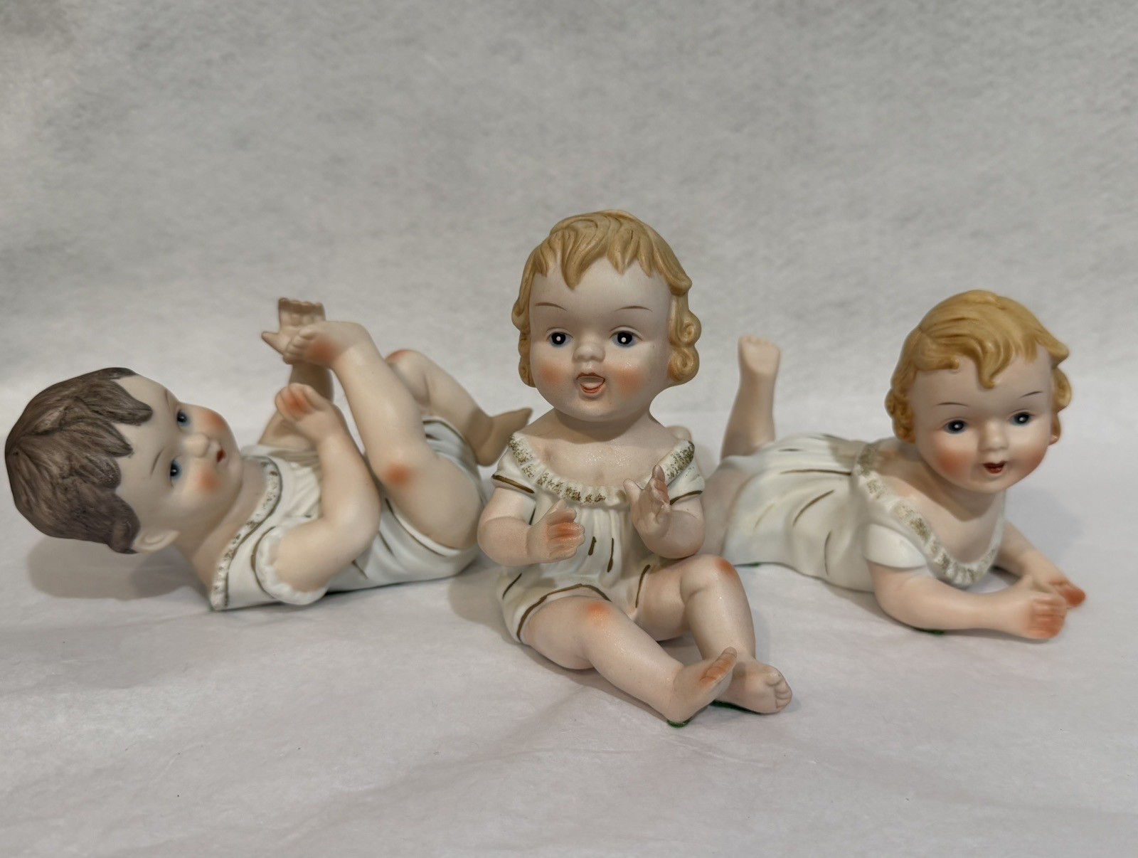 3 VTG Bisque Porcelain Arnart Japan Signed KPM Piano Babies Girls, Boy Figurines