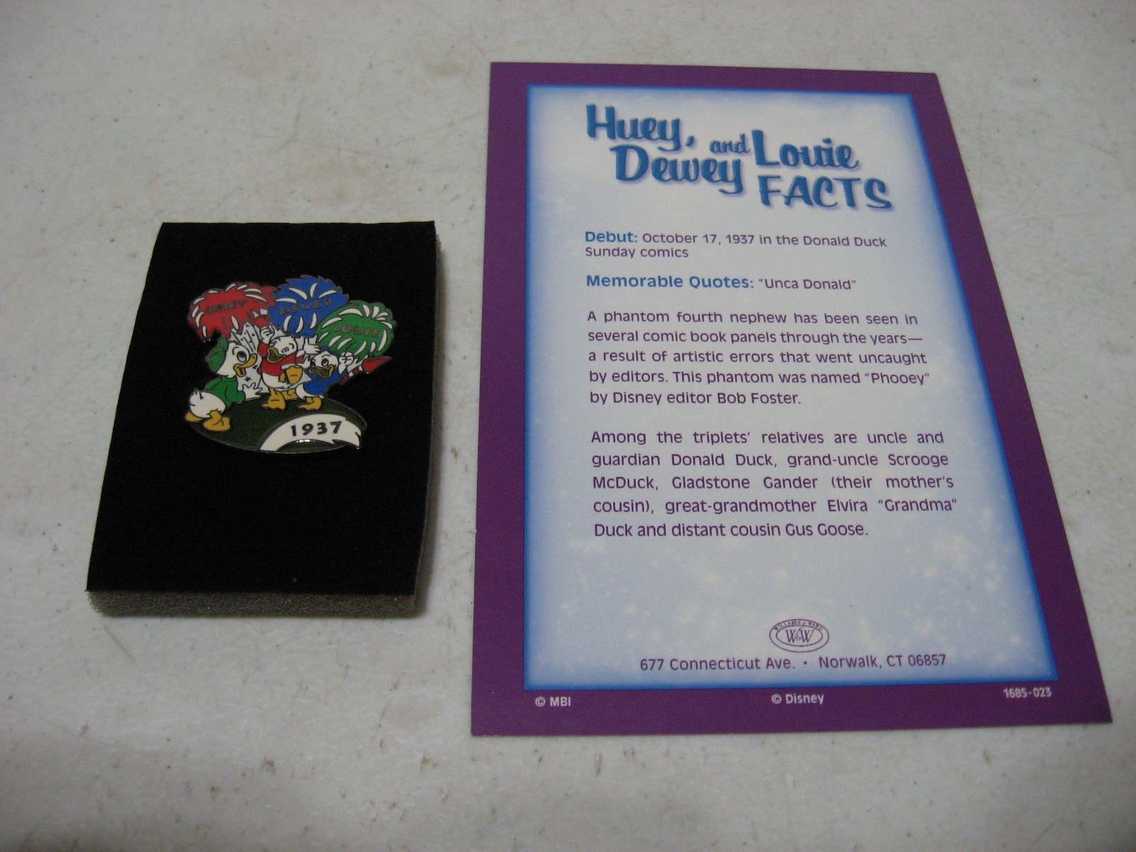 Willabee & Ward #23 Disney Huey Dewey & Louie 1937 Pin & Fact Card