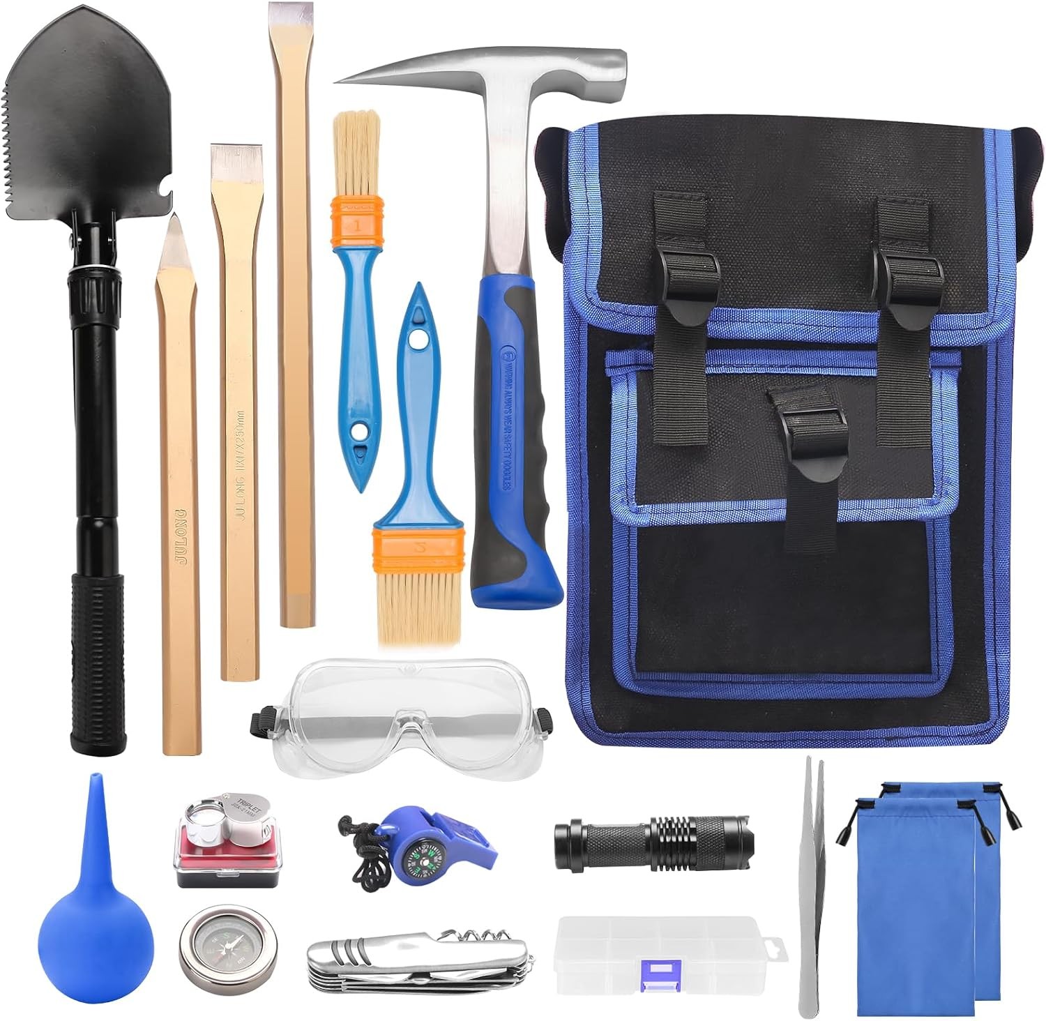 19 PCS Geology Rock Hammer Kit, 24oz Rock Pick Hammer, 3 Digging Chisels, Foldin