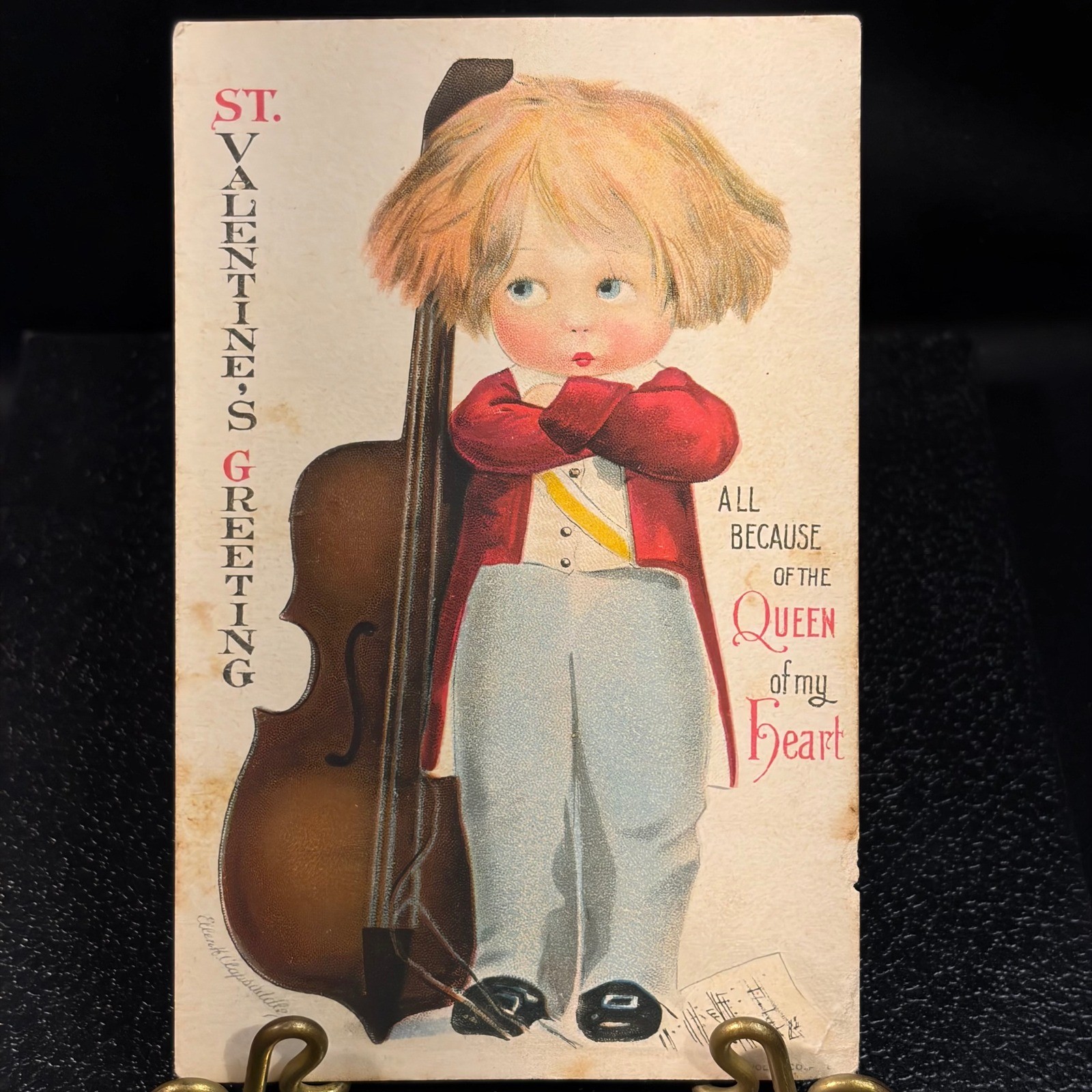 Antique Ellen Clapsaddle Valentine Postcard Wolf & Co 1918 Boy with Cello Bass