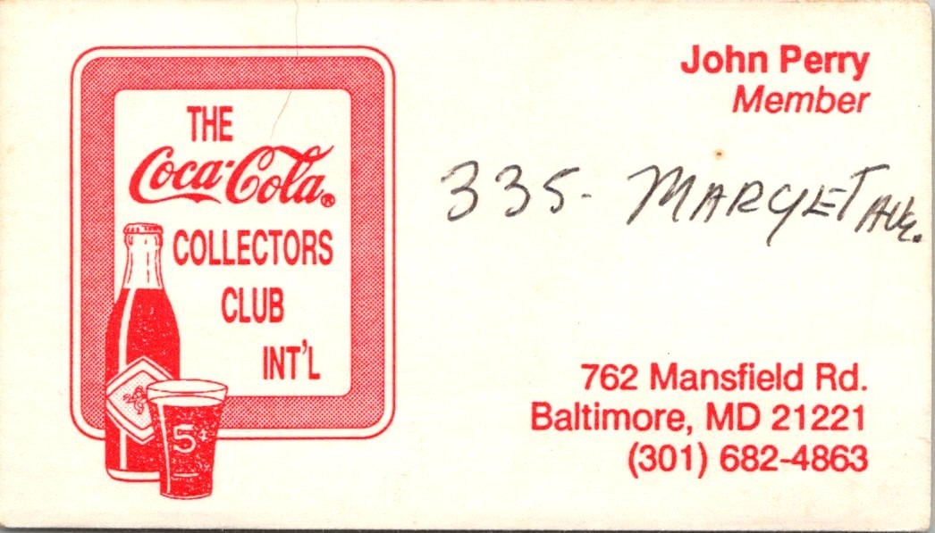 The Coca-Cola Collectors Club Int\'l John Perry MD Vintage Business Card 5MM28-6