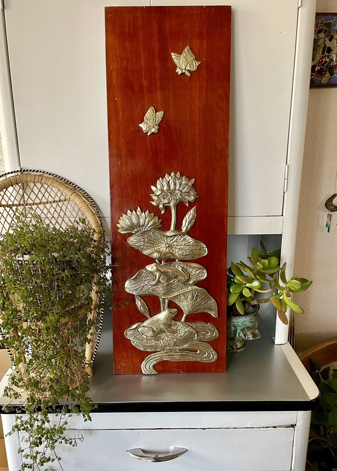Vintage Brass Frog Lily Pad Butterfly Art On Wood Wall Hanging Sculpture