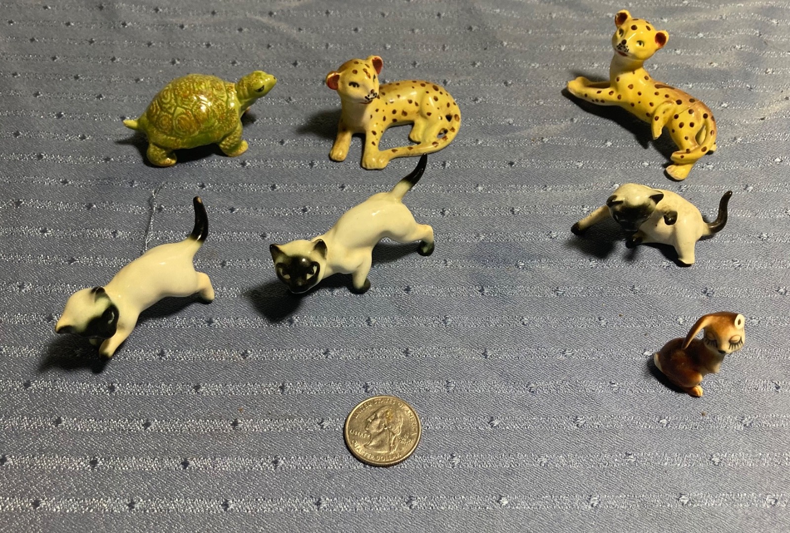 Vintage Miniature Ceramic Figurine Lot of 7 - Siamese Cats, Cheetahs, Rabbit.
