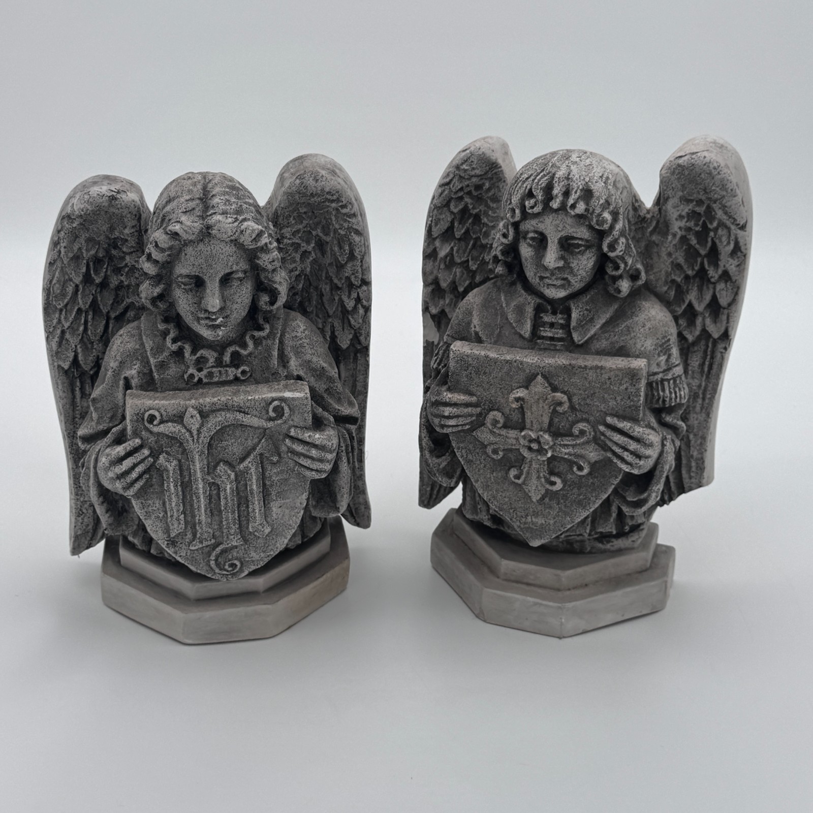 Vintage Facsimilies Ltd Angel Bookends Statues Gothic Heraldic Shield Pair