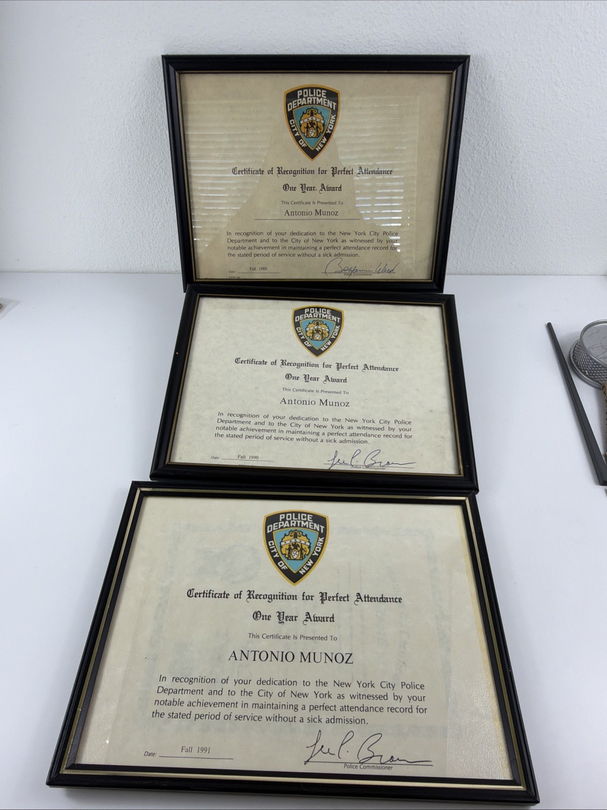 Vintage NYPD Police Award Certificates 1989 1990 1991 Ward Brown Lot of 3