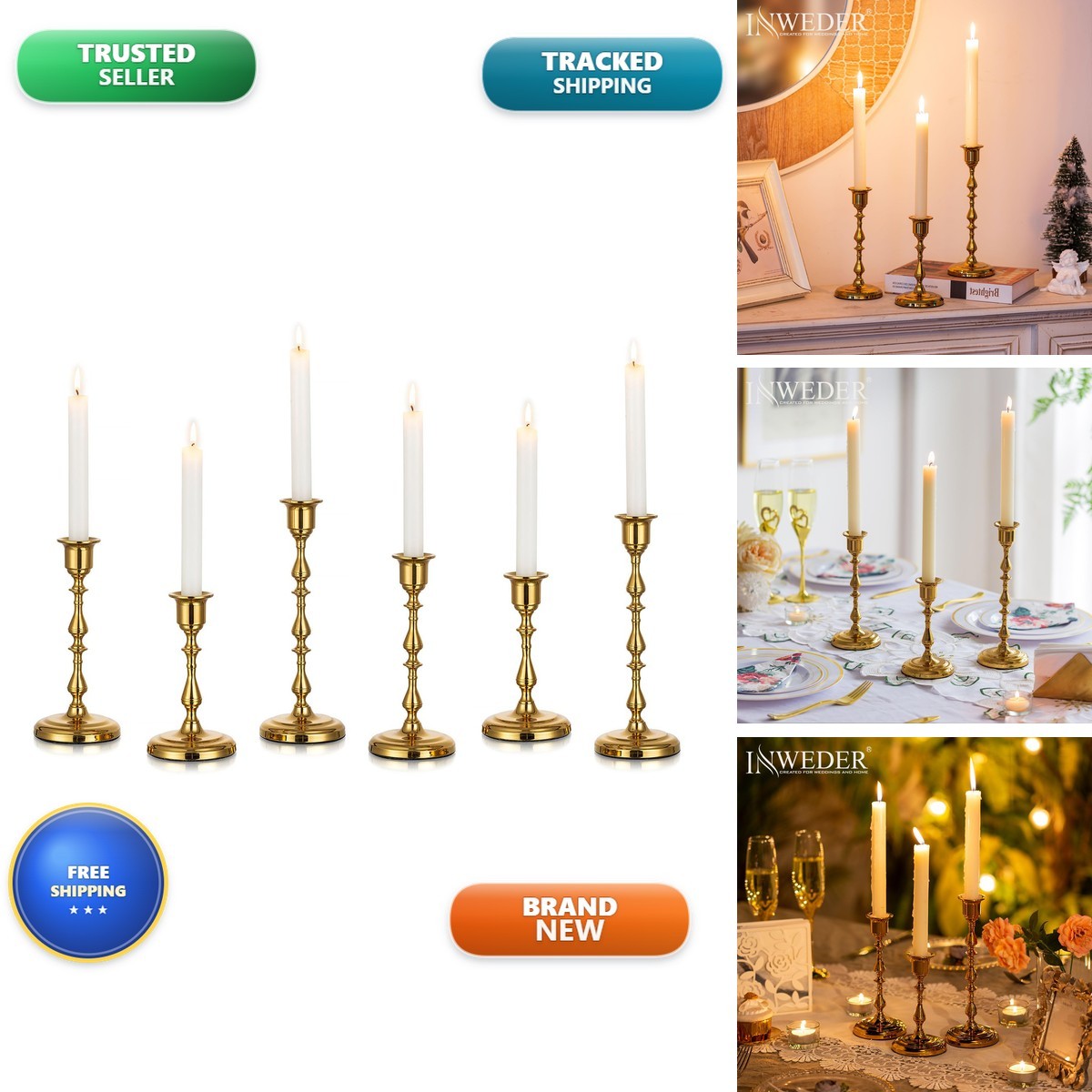 Inweder Gold Vintage Brass Candlestick Holders