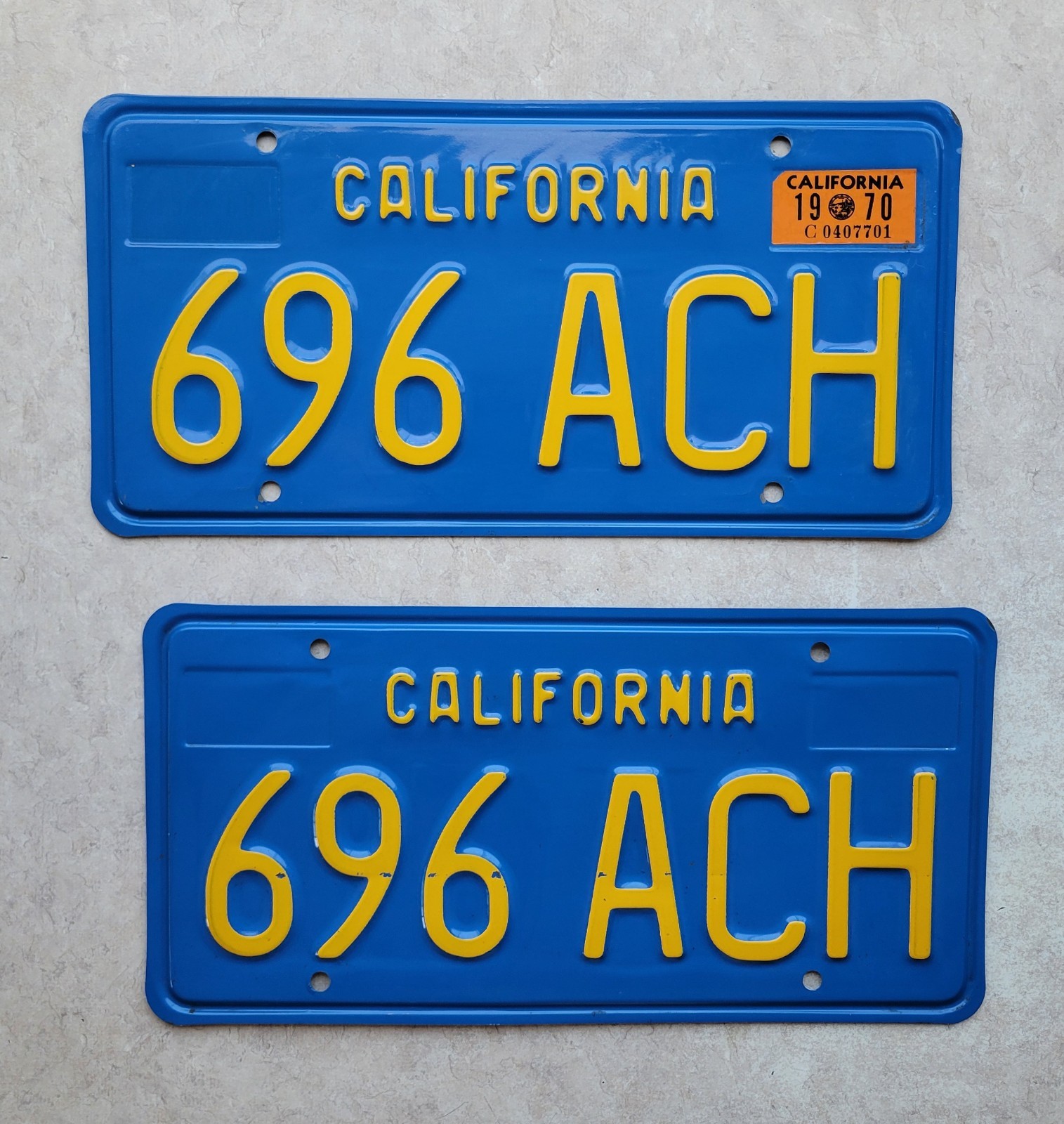 California 1970 Blue License Plates year tag YOM DMV clear chevy chevelle ss gto