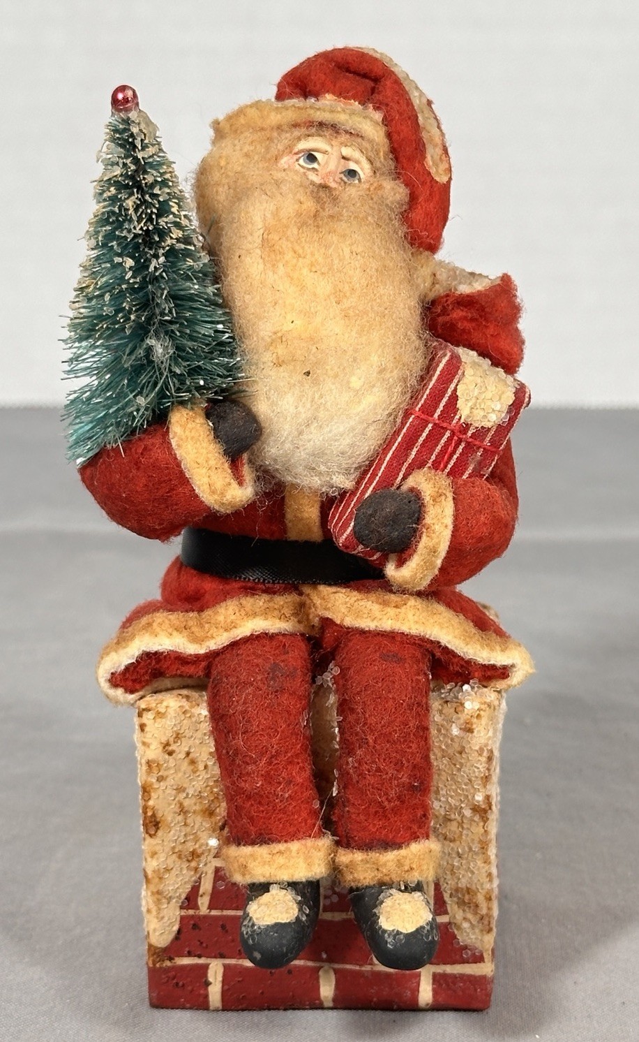 Primitive Folk Art Santa Belsnickle Style Red Felt Wool on Chimney Figure 5.5