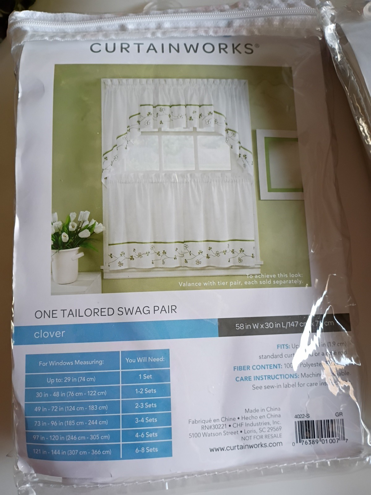 Kitchen Curtains Set Swag Pair  (2 Pairs) & Tailored Valance (1) Clover Design 