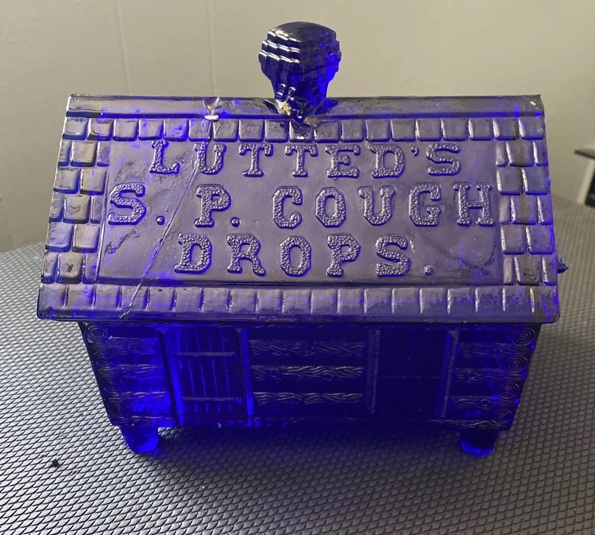 Vintage Lutted\'s S.P. Cough Drops Cobalt Blue Glass Log Cabin Repaired 7\ Vintage Lutted\'s S.P. Cough Drops Cobalt Blue Glass Log Cabin Repaired 7\
