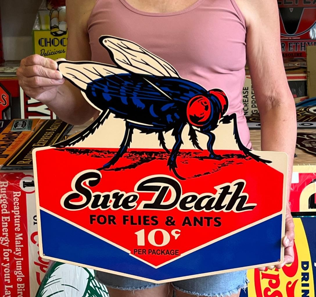 Antique Vintage Style Sign Sure Death Fly Trap NOT Porcelain Made USA 20x20