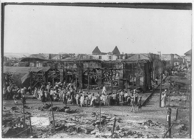 [Philippines, Manila, 1899: market scene outside ruins of old market]