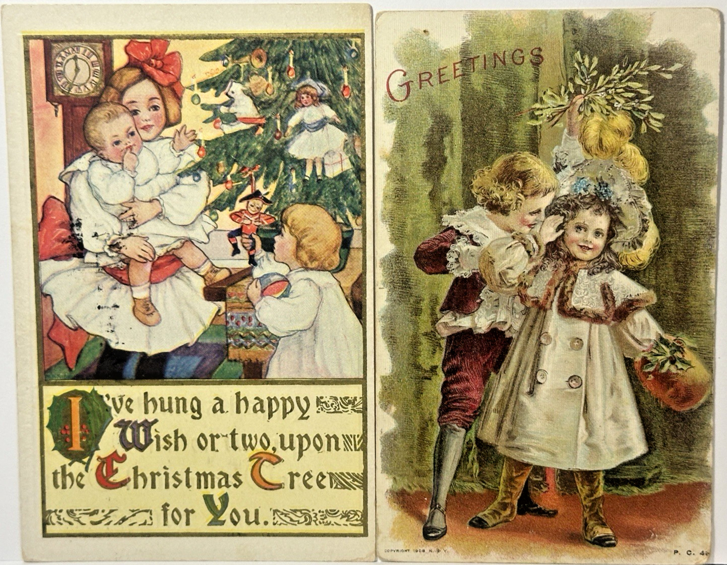 Christmas Postcard Children Boy Holds Mistletoe Baby Girl Excited Toys Lot 2