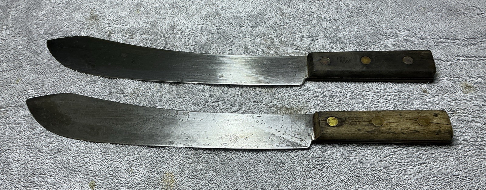 2 VTG. FOSTER BROS. 12“ CARBON STEEL BUTCHER KNIVES