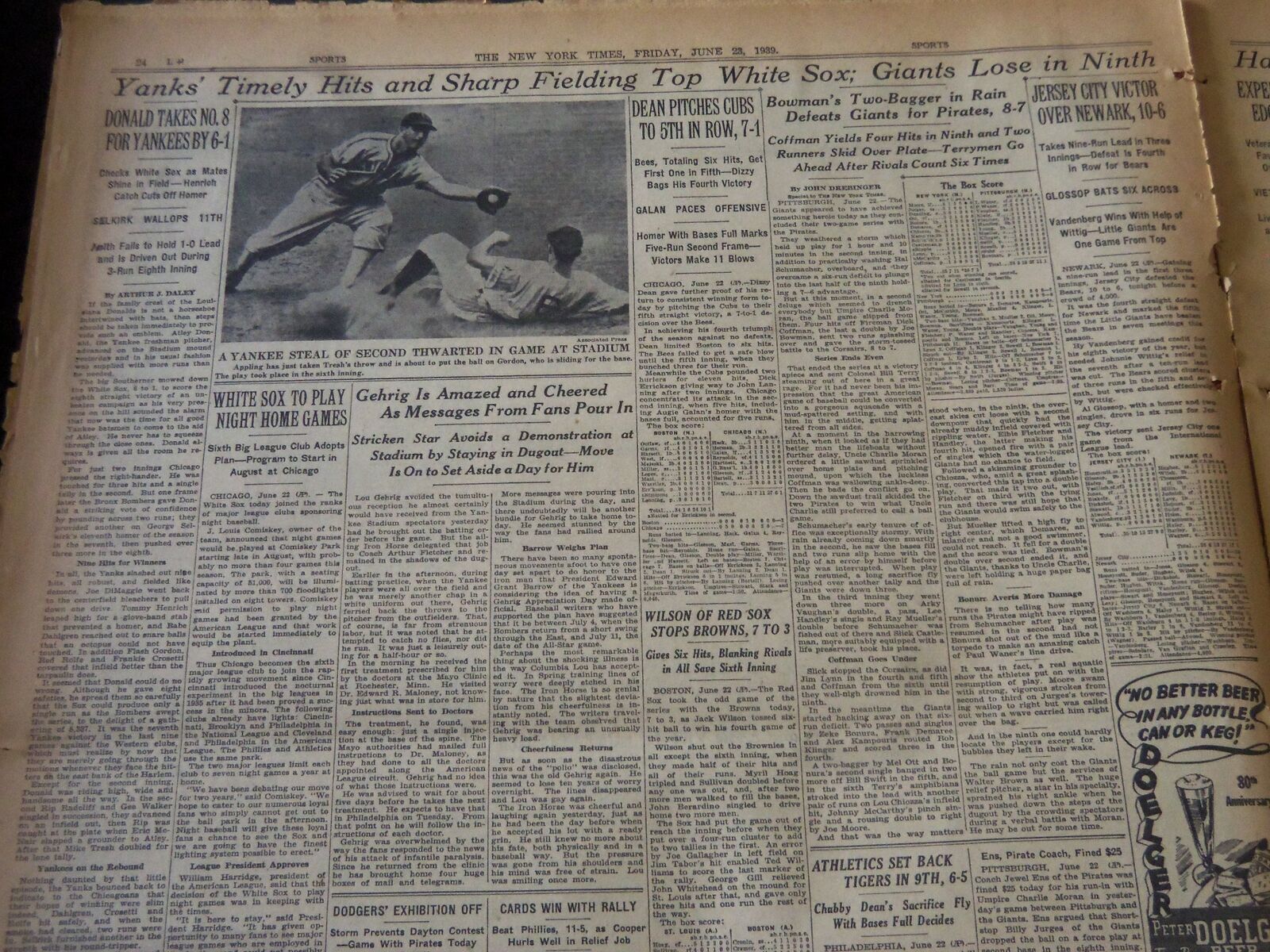 1939 JUNE 23 NEW YORK TIMES - GEHRIG AMAZED AND CHEERED - NT 6008
