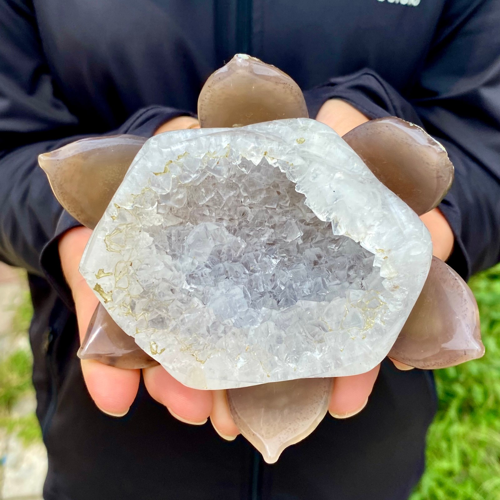 417G Natural Agate Geode Carved Lotus Flower, Hand Carved Healing Crystal Home