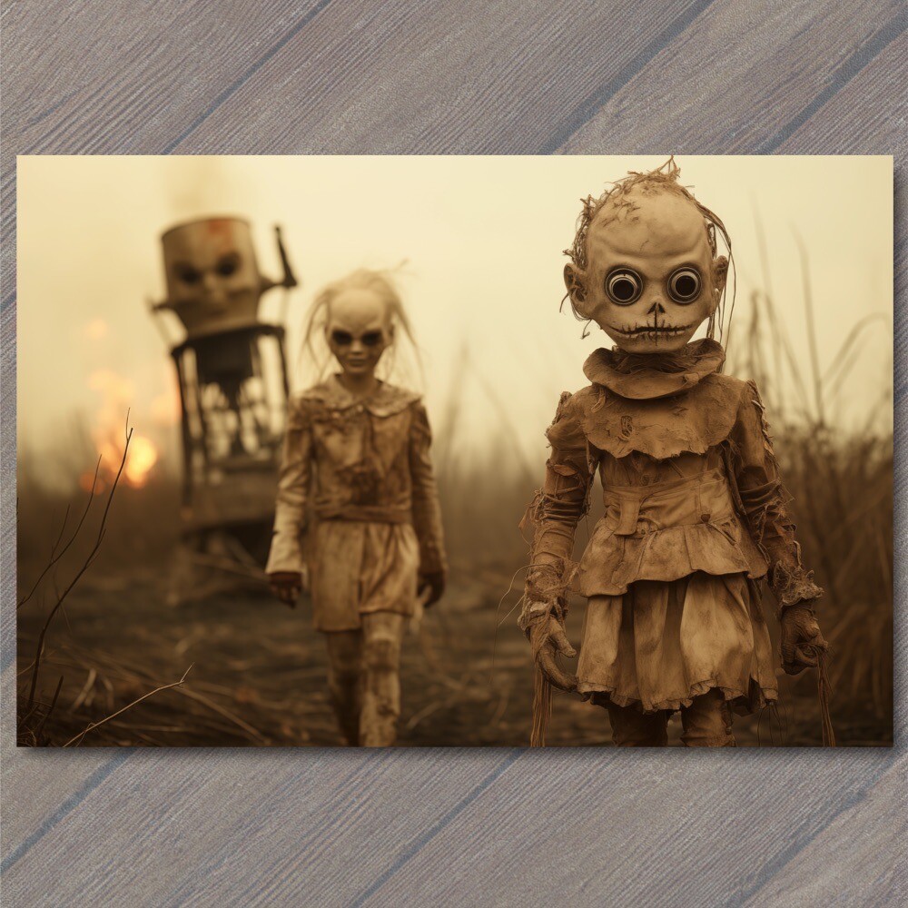 POSTCARD Bad Kids Weird Creepy Vibe Field Metal Masks Strange Apocalypse Unusual