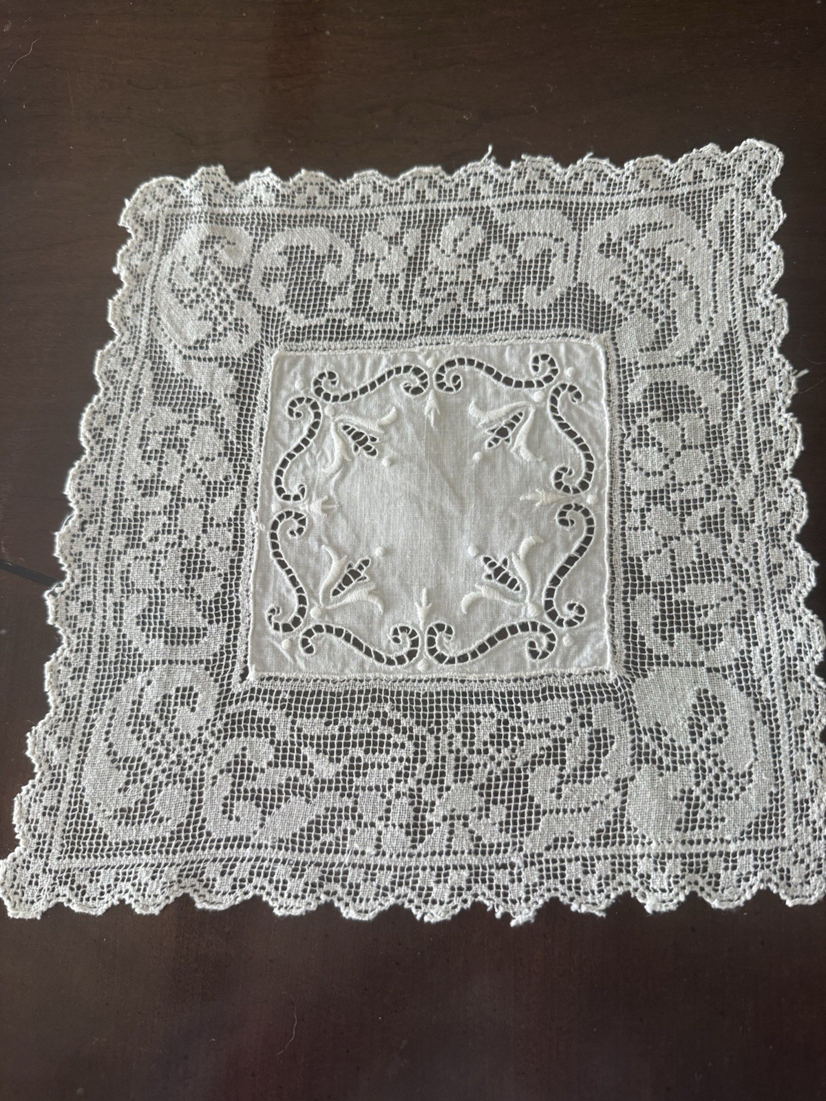 Beautiful VTG 1 @ 10” SQ Italian Doily ~ Embroidered Center w/Filet Lace Trim Beautiful VTG 1 @ 10” SQ Italian Doily ~ Embroidered Center w/Filet Lace Trim