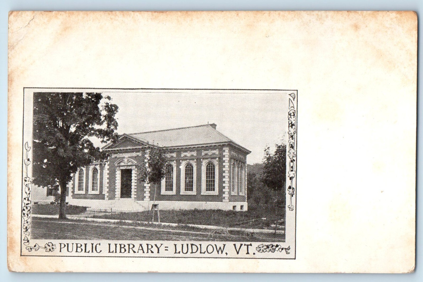 c1905 Ludlow Vermont VT Vintage Postcard Public Library Building Entrance View