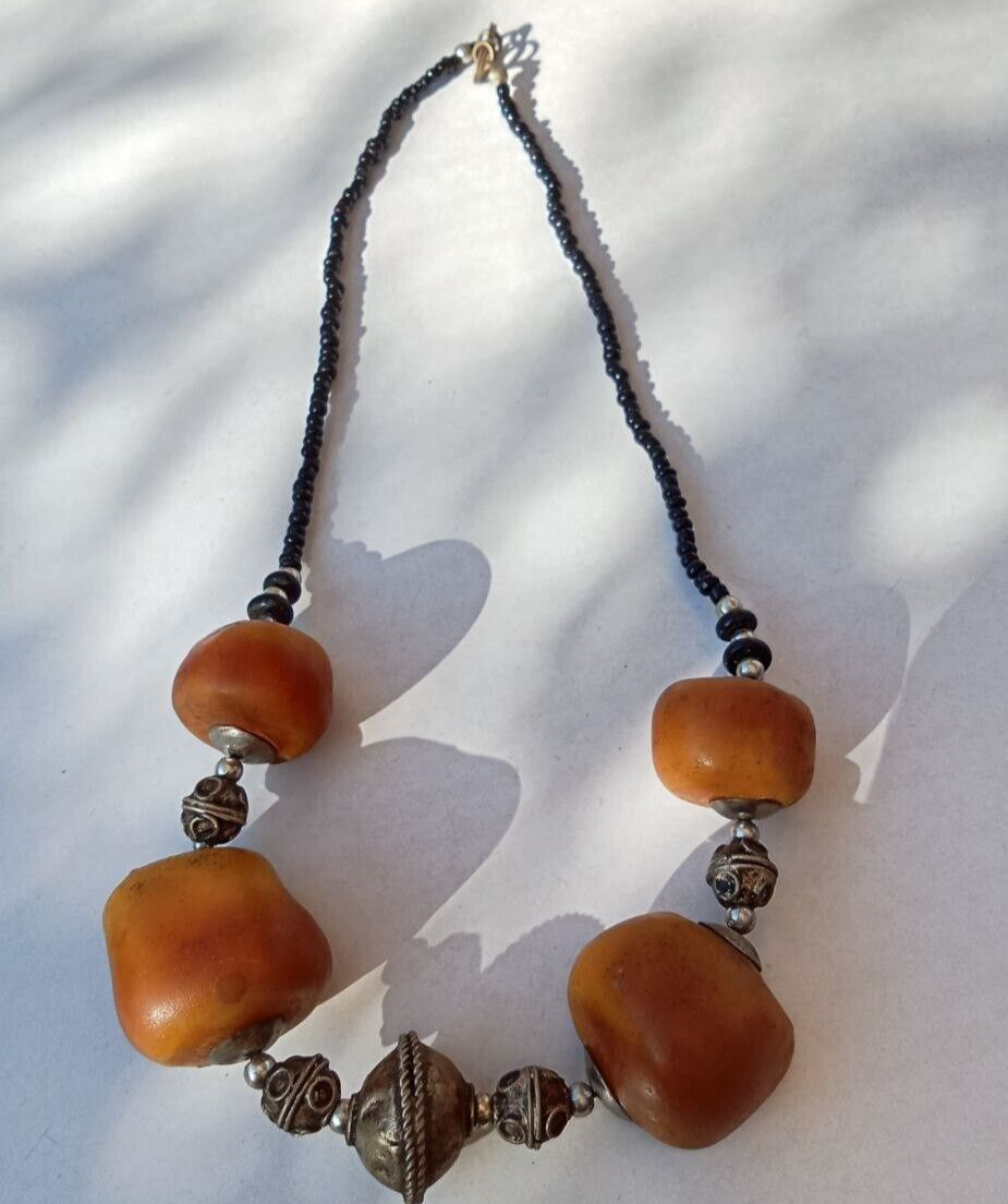 Vintage Berber Necklace resin beads amber color Ethnic Tribal Tuareg Jewelry