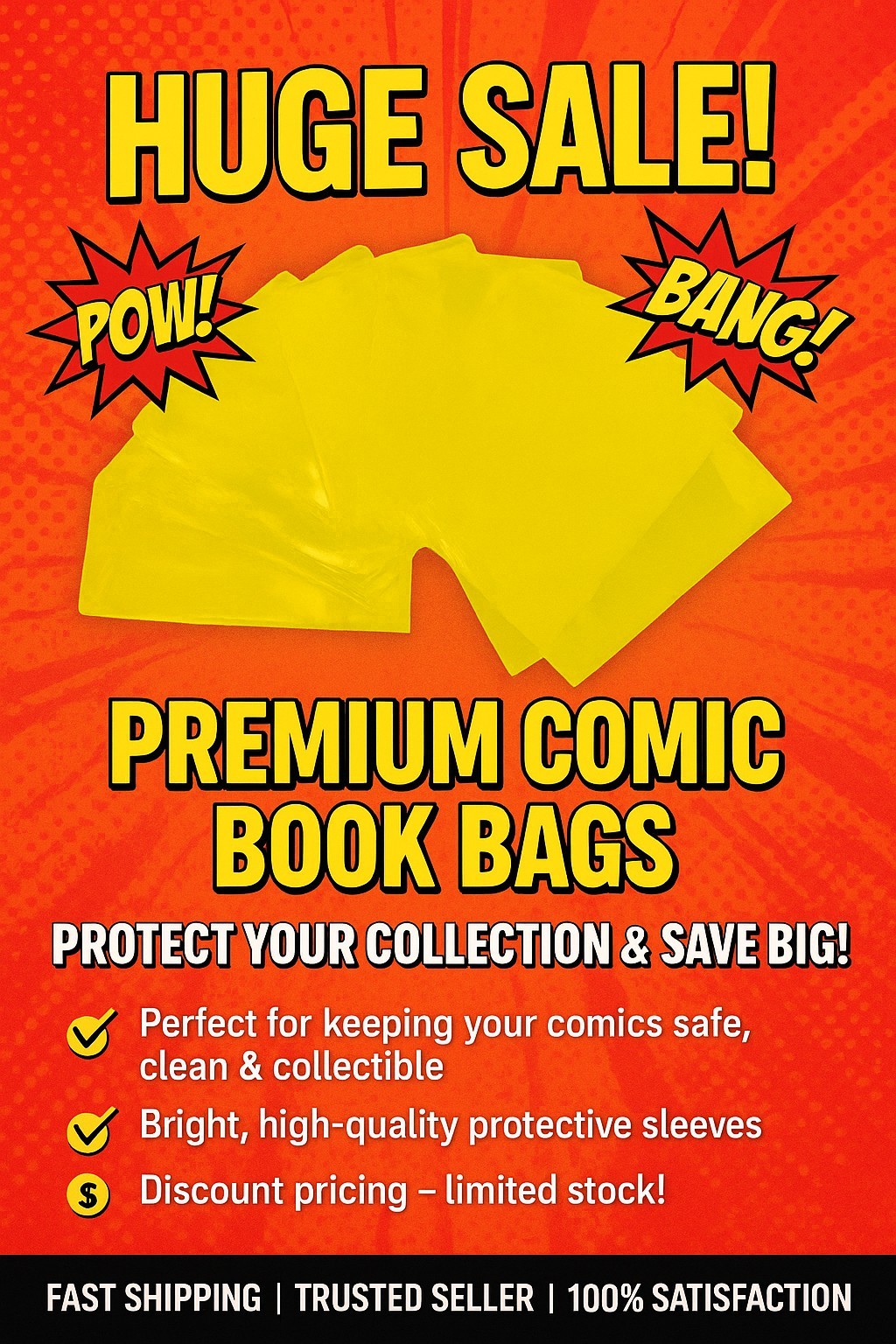 10 Pack Yellow Comic Book Window Bag For Signature Standard Size BAGS ONLY 