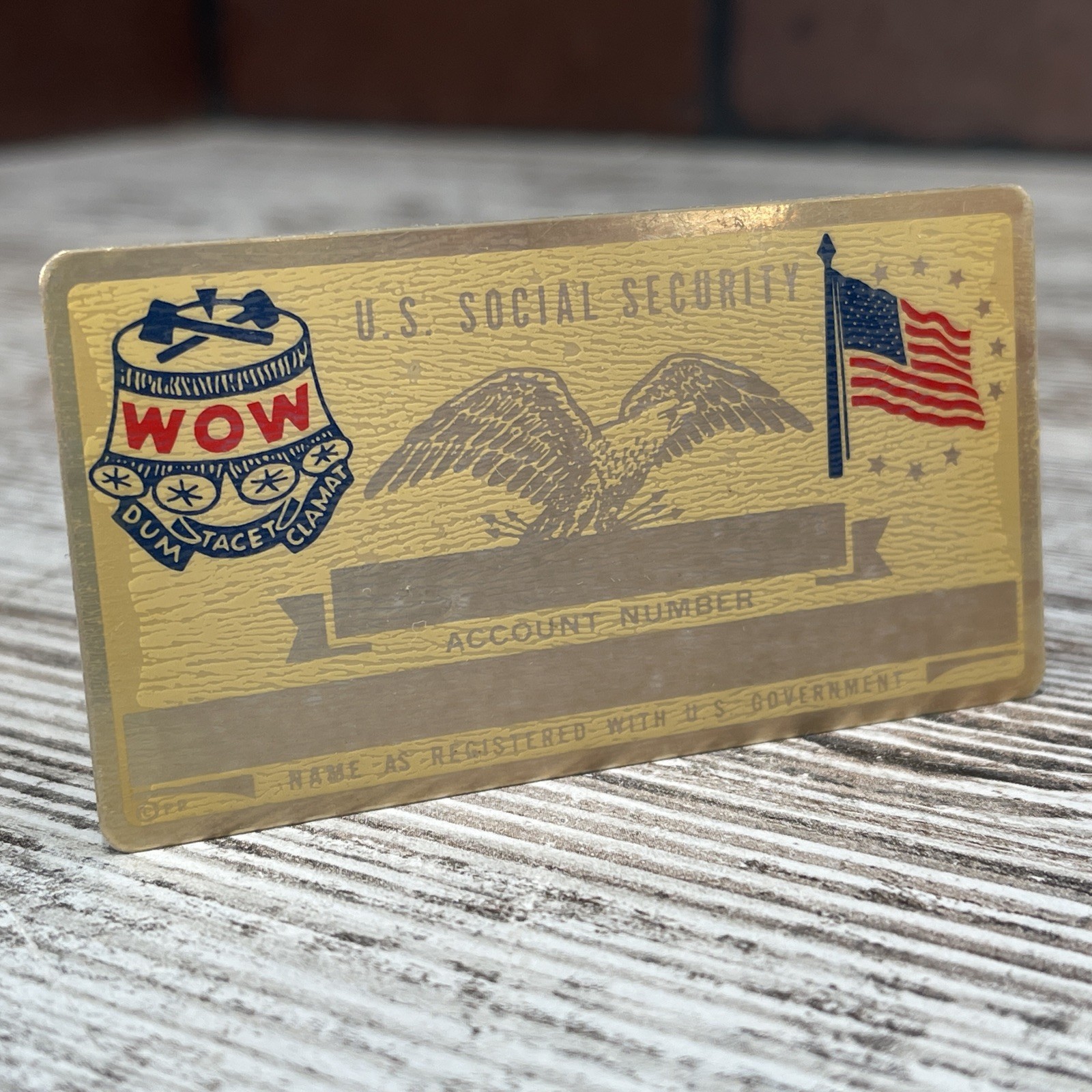 Vintage Woodmen Of The World W.O.W. Metal Social Security ID Card Name Plate