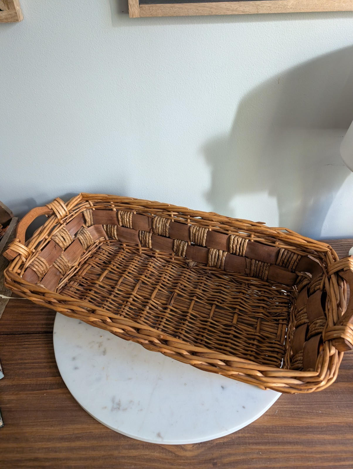 Vintage Rustic Wicker Basket Wood Handles Boho Farmhouse Storage Decor Vintage Rustic Wicker Basket Wood Handles Boho Farmhouse Storage Decor