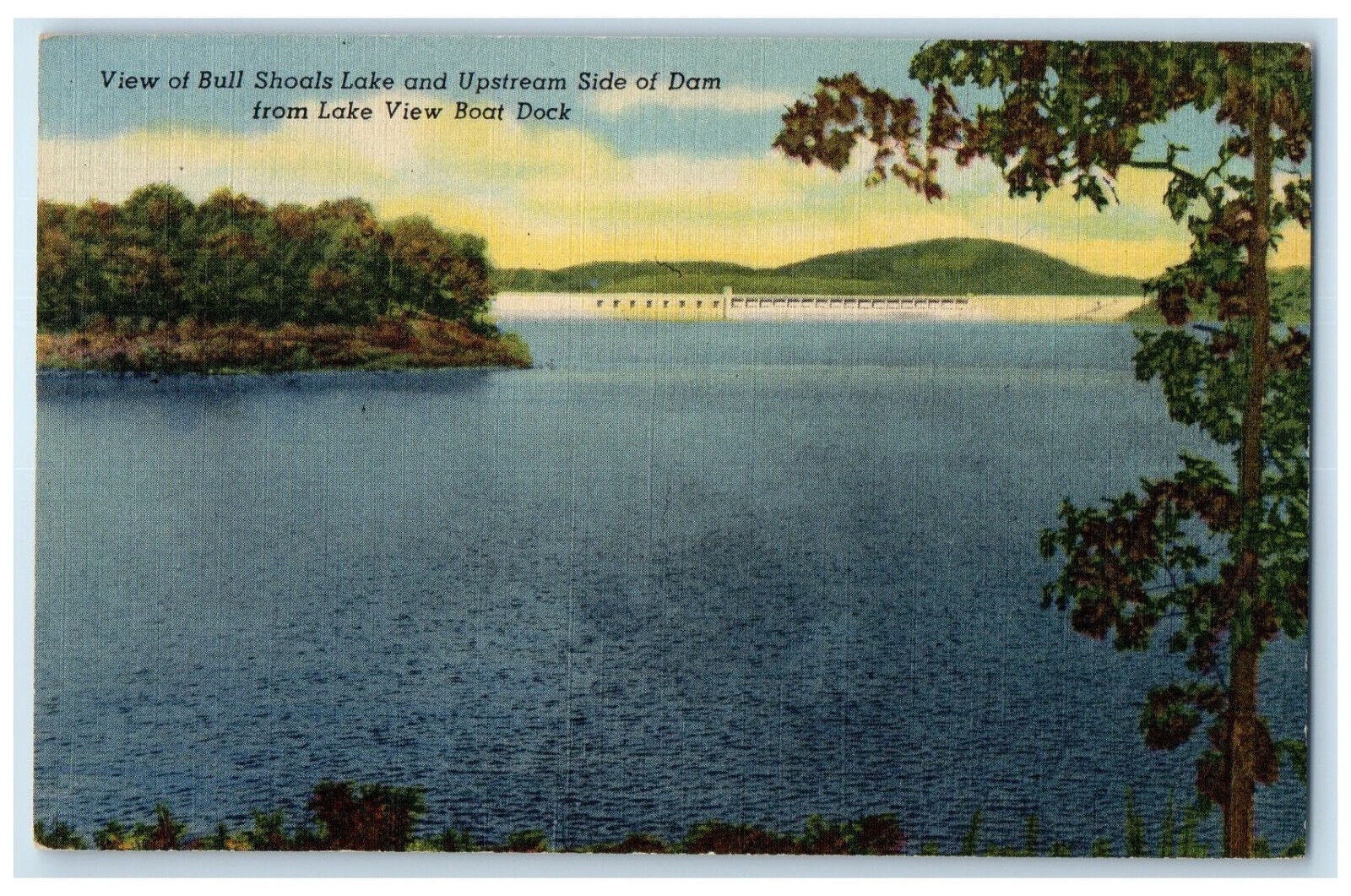 c1940\'s Bull Shoals Lake Upstream Side of Dam Lake View Boat Dock AR Postcard