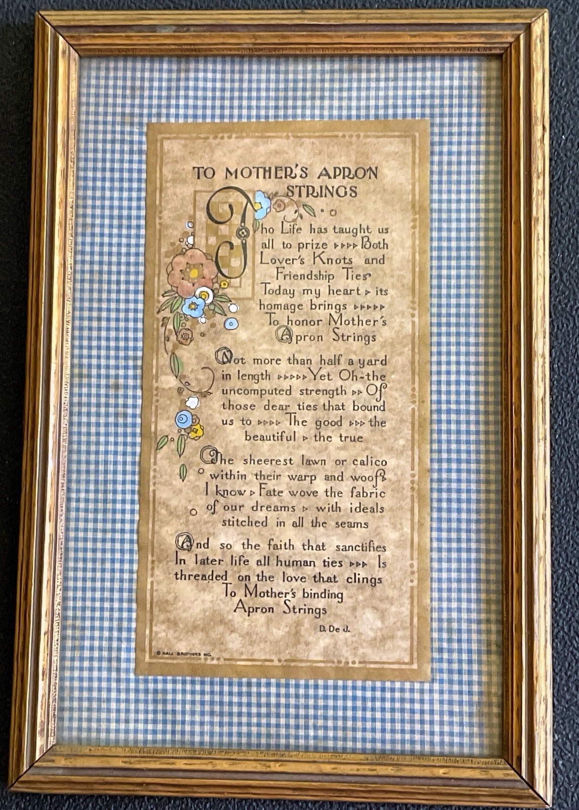 1927 Hall Bros Mother’s Apron Strings Mother’s Day Card Hallmark VTG Gold Frame