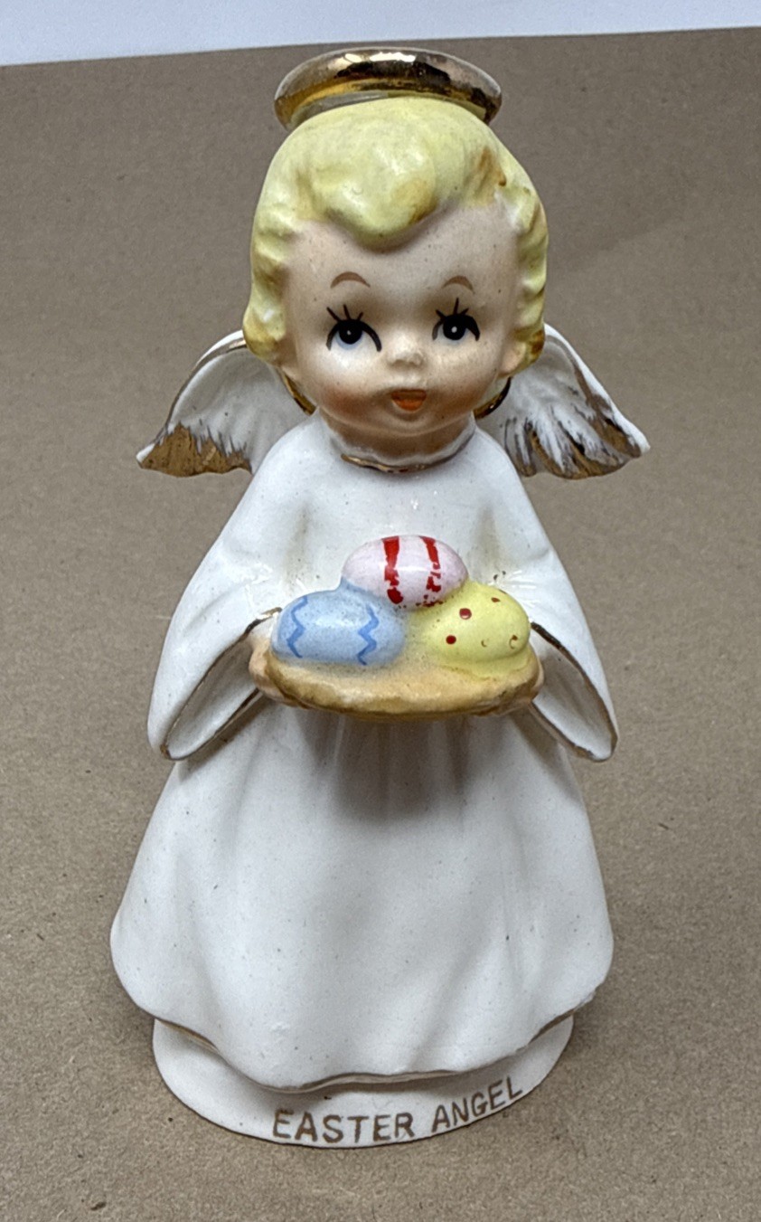 Vintage Lefton Easter Angel Figurine Japan Easter Eggs Gold Halo MCM Ceramic