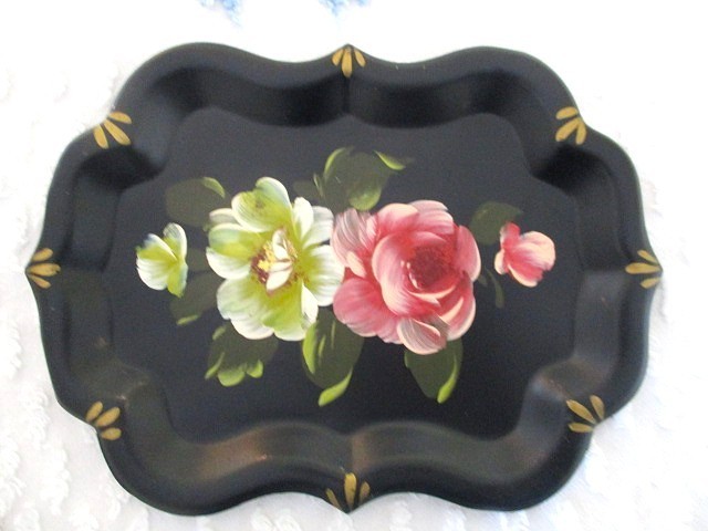 Vintage Hand Painted White & Pink Floral Tole Vanity Jewelry Perfume Pin Tray