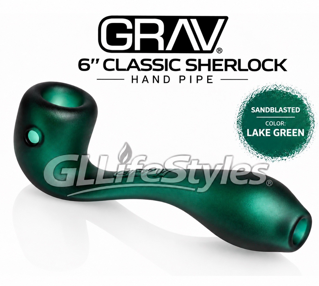 GRAV® LARGE SANDBLASTED CLASSIC SHERLOCK GLASS HAND PIPE, 6 COLORS, LAKE GREEN