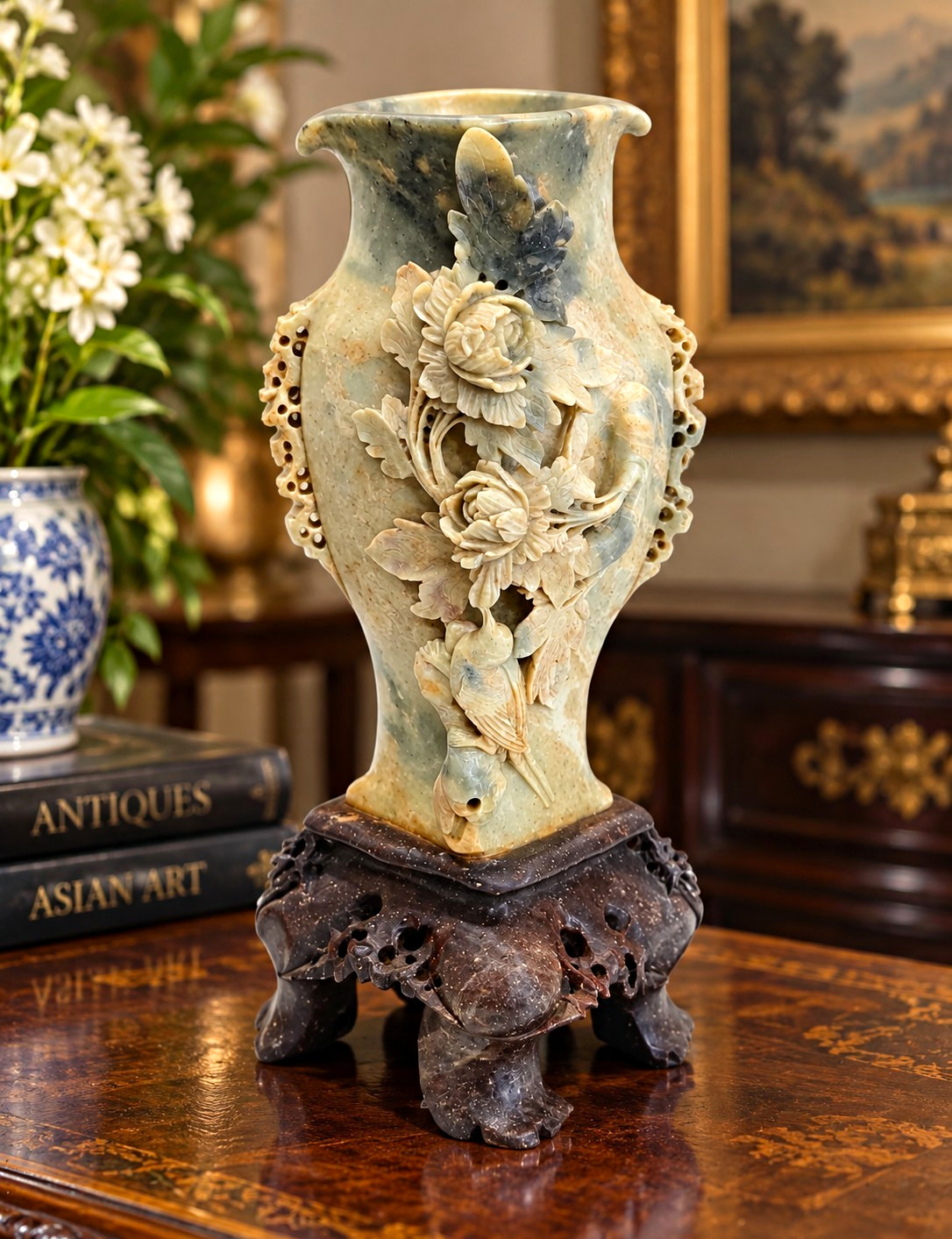 Large Heavy Vintage Chinese Hand Carved Soapstone Vase Floral Bird Sculpture