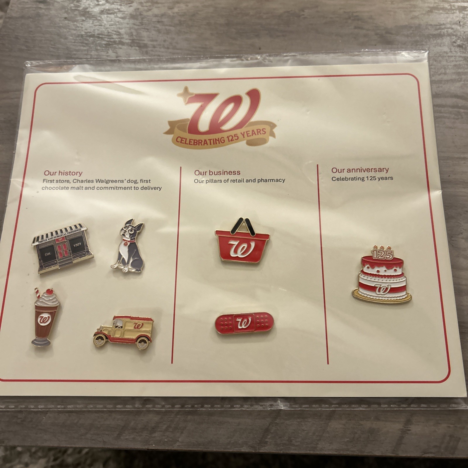 Walgreens 125th anniversary pins set NIB Carded 7 piece set Walgreens 125th anniversary pins set NIB Carded 7 piece set