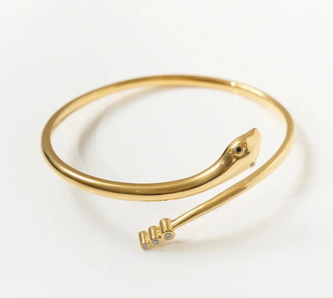 Black & White Diamond Serpent Cuff Bangle Bracelet 14k Yellow Gold Plated 7.5\'\'