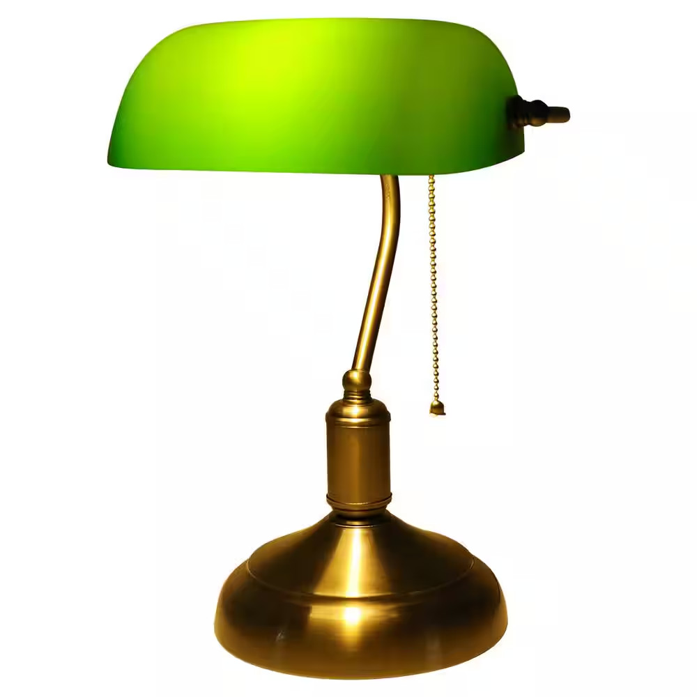 Bankers Desk Lamp 15in Antique Brass Green Glass Shade Adjustable Height Light
