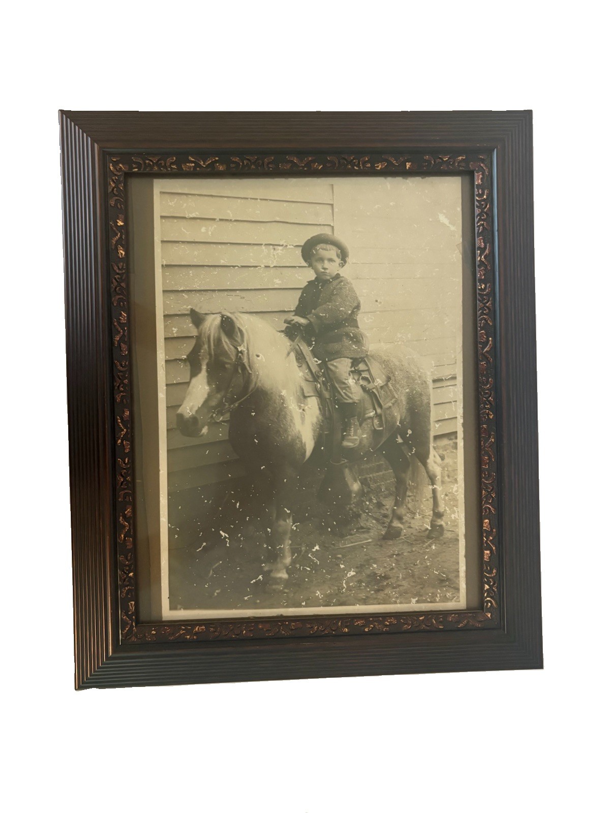 Antique 1900s Boy Pony Ride Photograph Bronze Frame - Approx. 14.5” X 17.25”