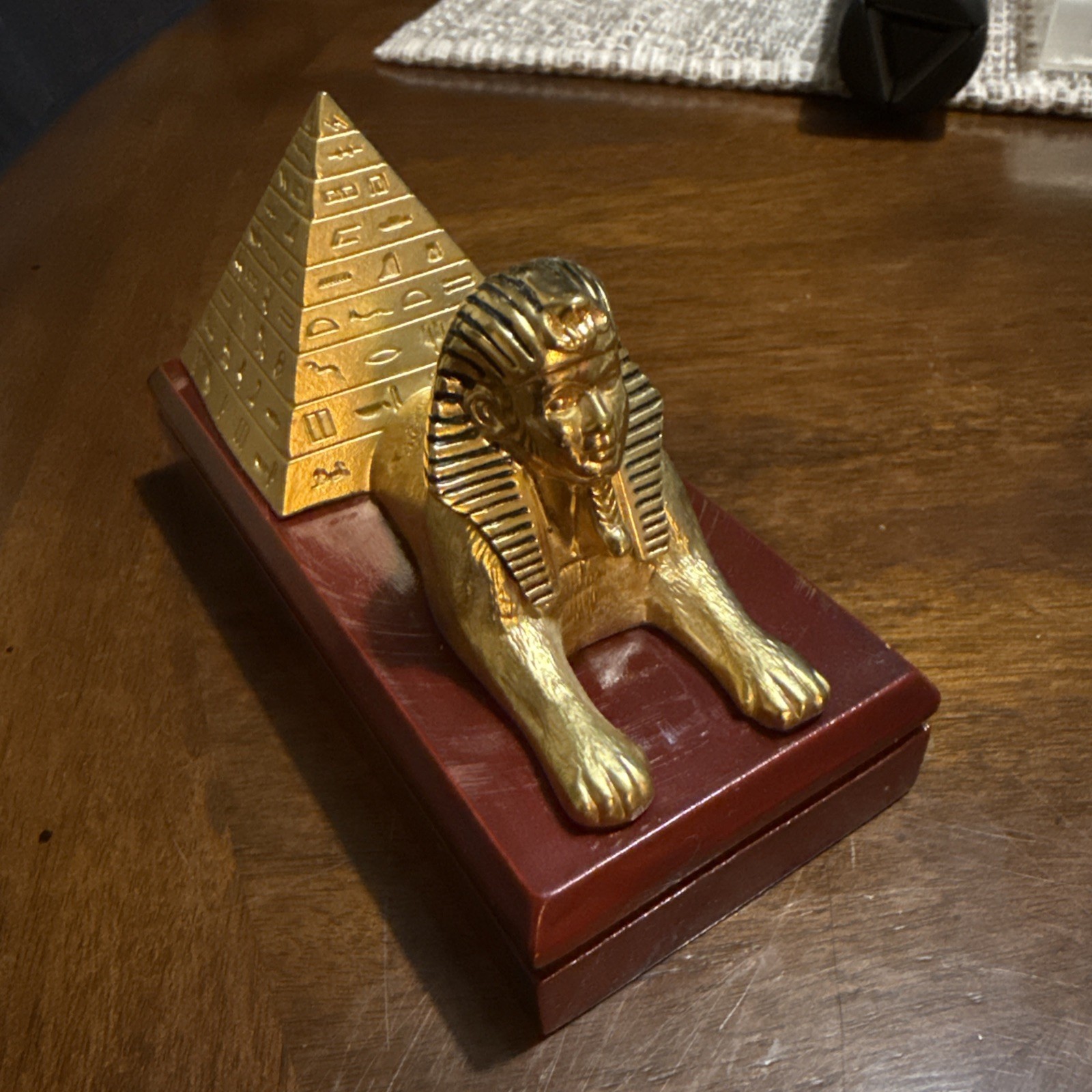 Vintage Gold Tone Egyptian Sphinx and Pyramid Hieroglyphic Souvenir Figurine Vintage Gold Tone Egyptian Sphinx and Pyramid Hieroglyphic Souvenir Figurine