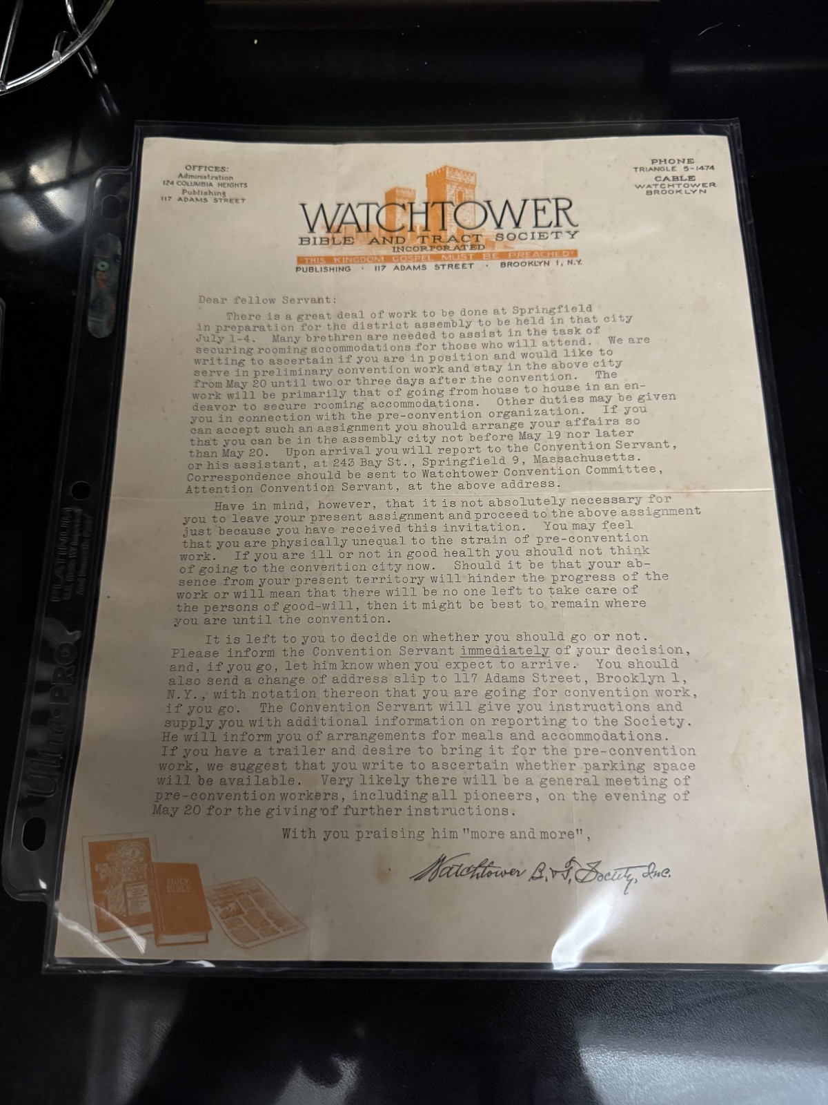 WATCHTOWER LETTER REQUESTING HELP AT SPRINGFIELD DISTRICT ASSEMBLY