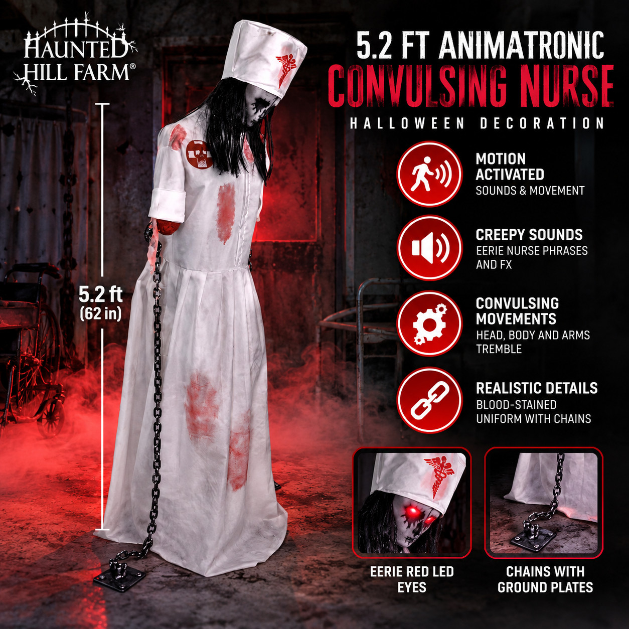 Haunted Hill Farm 5.2 ft Tekky Convulsing Nurse Animatronic Halloween Prop