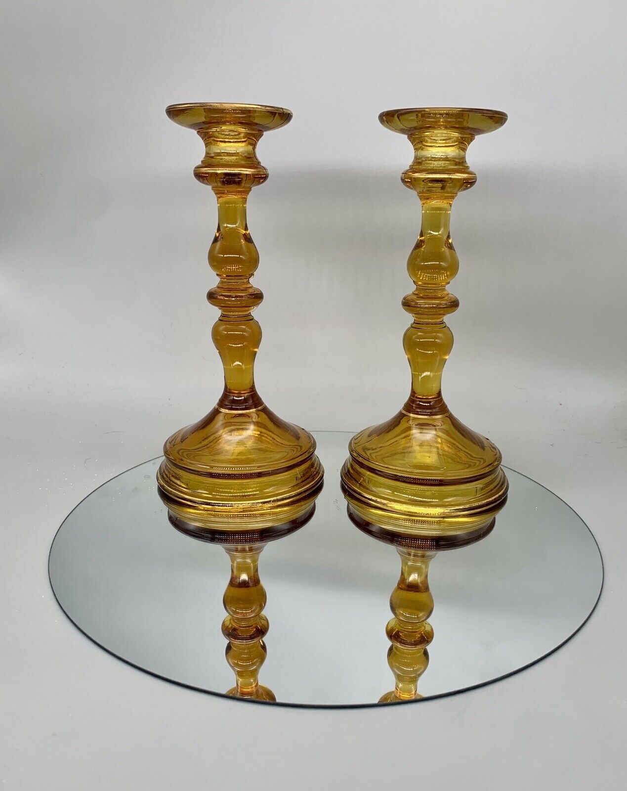 US GLASS Pair of -76 Amber Glass Candle Sticks Vintage Depression Era 1920s 30s
