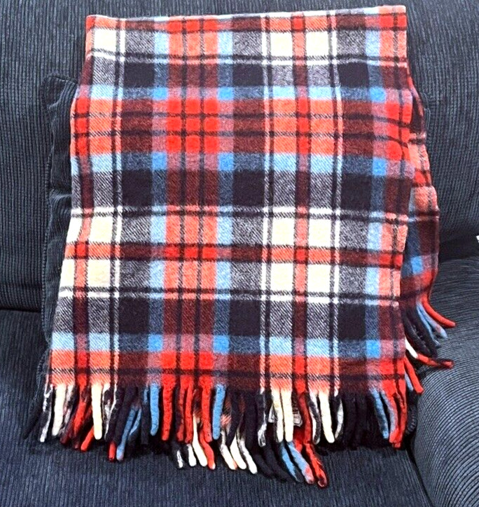 Vtg CURVON JEWEL Wool Fringed Throw Blanket Red/Navy Plaid Tartan 33X45 England
