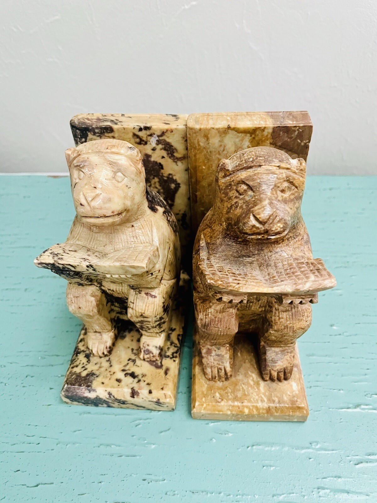 VTG Rare Hand Carved Stone Marble Bookends Reading Monkeys Made In India Nice VTG Rare Hand Carved Stone Marble Bookends Reading Monkeys Made In India Nice