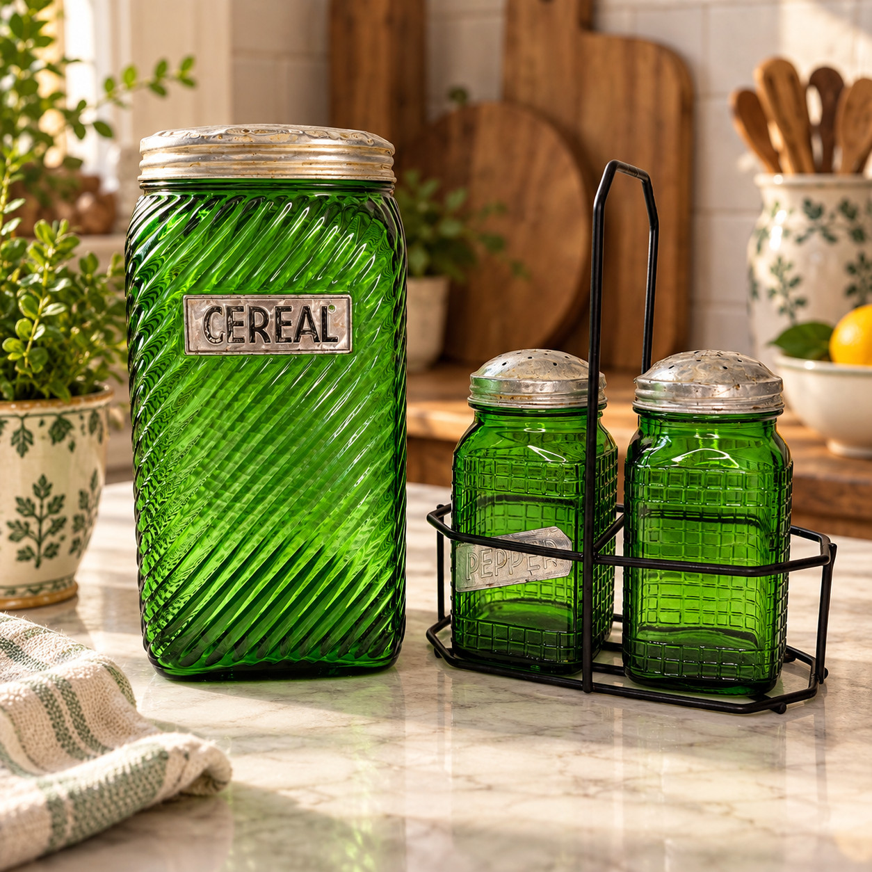 VTG 1930s Owens Illinois Green Depression Glass Cereal Jar Salt Pepper Shakers